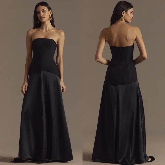 Shona Joy Adri Drop Waist Strapless Paneled Maxi Dress Gown Black NEW with tags